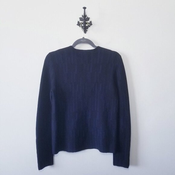 St. John Wool Blend Crew Neck Button Cuff Sweater Size S Blue Black EUC - Picture 2 of 4